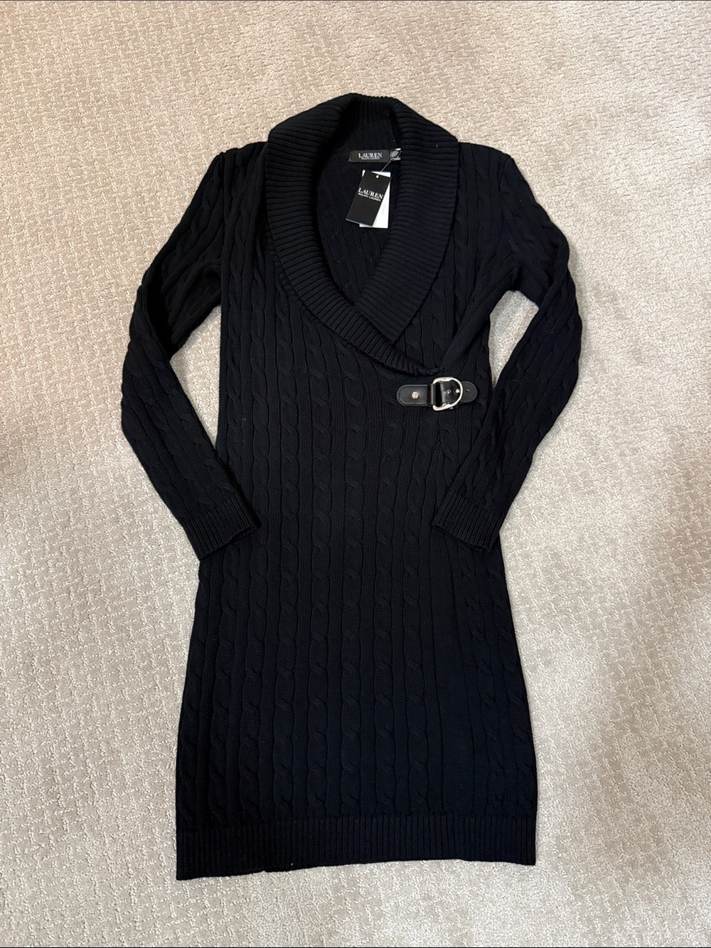 Lauren Ralph Lauren Black Cable-Knit Shawl Collar Sweater Dress with Buckle